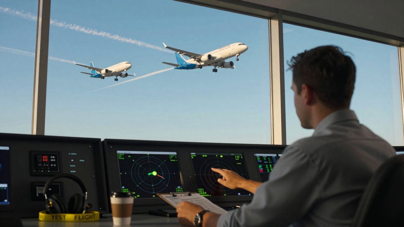 Homem numa torre de controlo aéreo a monitorizar dois aviões de passageiros em aproximação para aterragem.