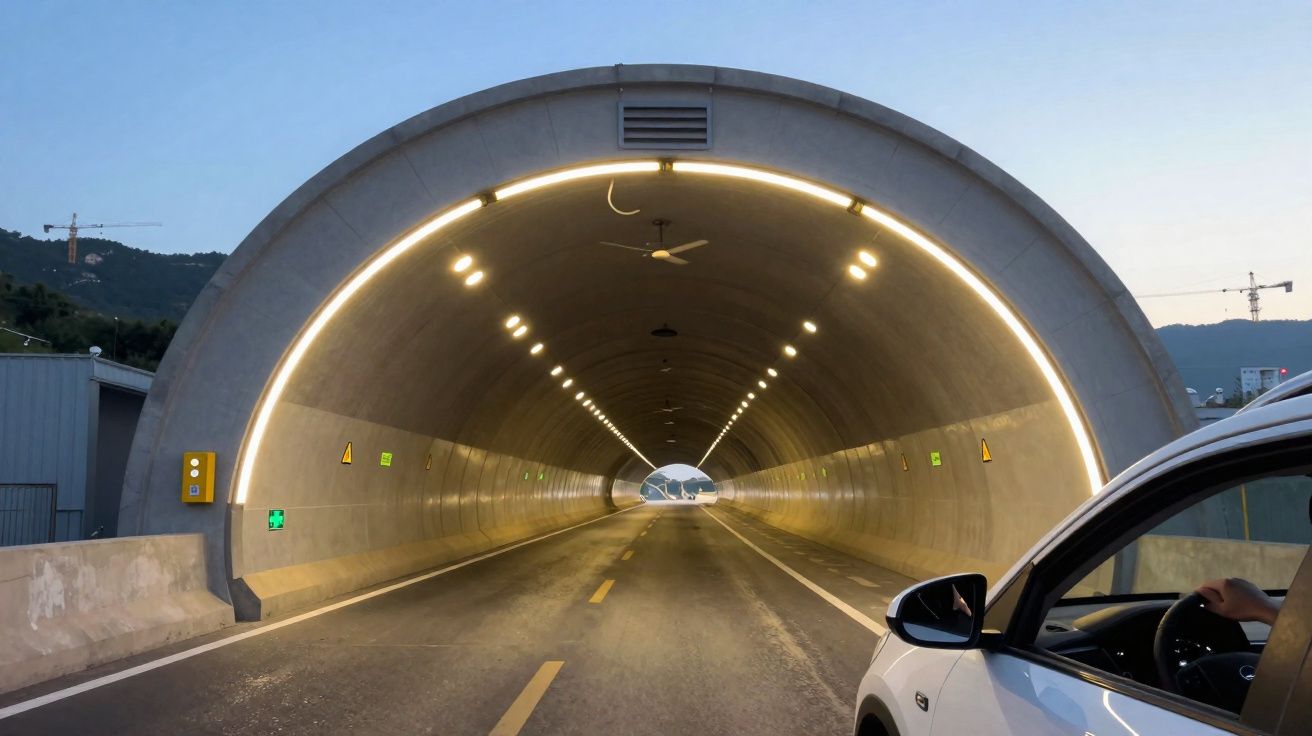 Entrada de túnel iluminado ao anoitecer com carro branco à direita na estrada.