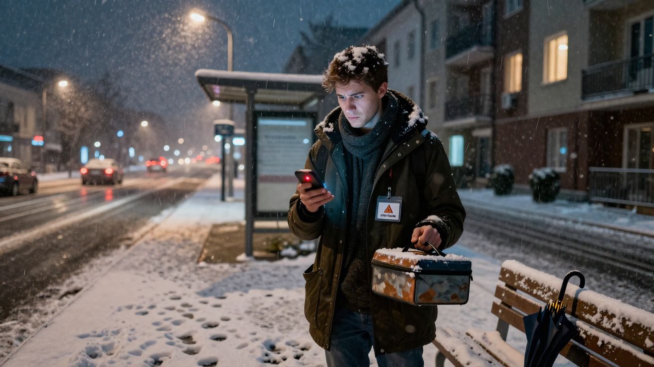 Jovem de casaco com neve aguarda o autocarro numa paragem nevosa, olhando para o telemóvel à noite.
