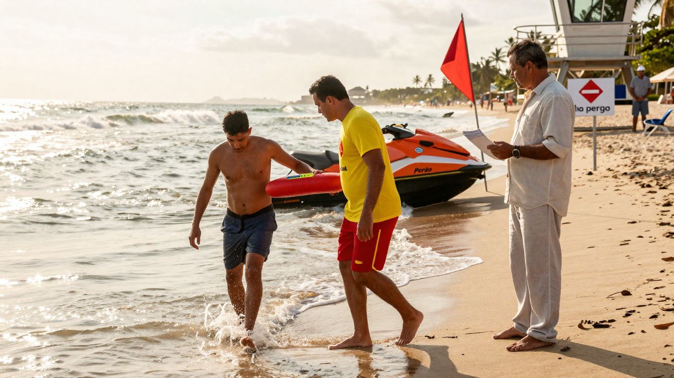 Homem a dar instruções a rapaz na praia com jet ski e sinal de proibição ao fundo.