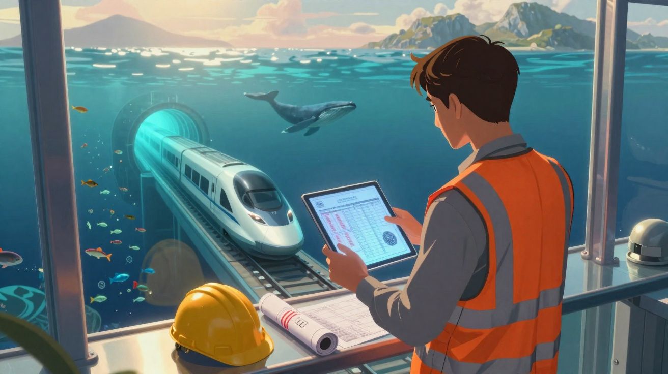Engenheiro com colete refletor verifica dados numa tabuleta digital com comboio a atravessar túnel submarino.