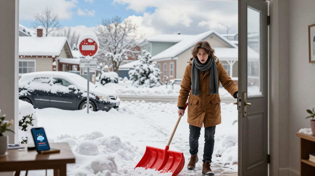 Pessoa com casaco e cachecol abre porta enquanto segura pá vermelha para remover neve na entrada de casa.