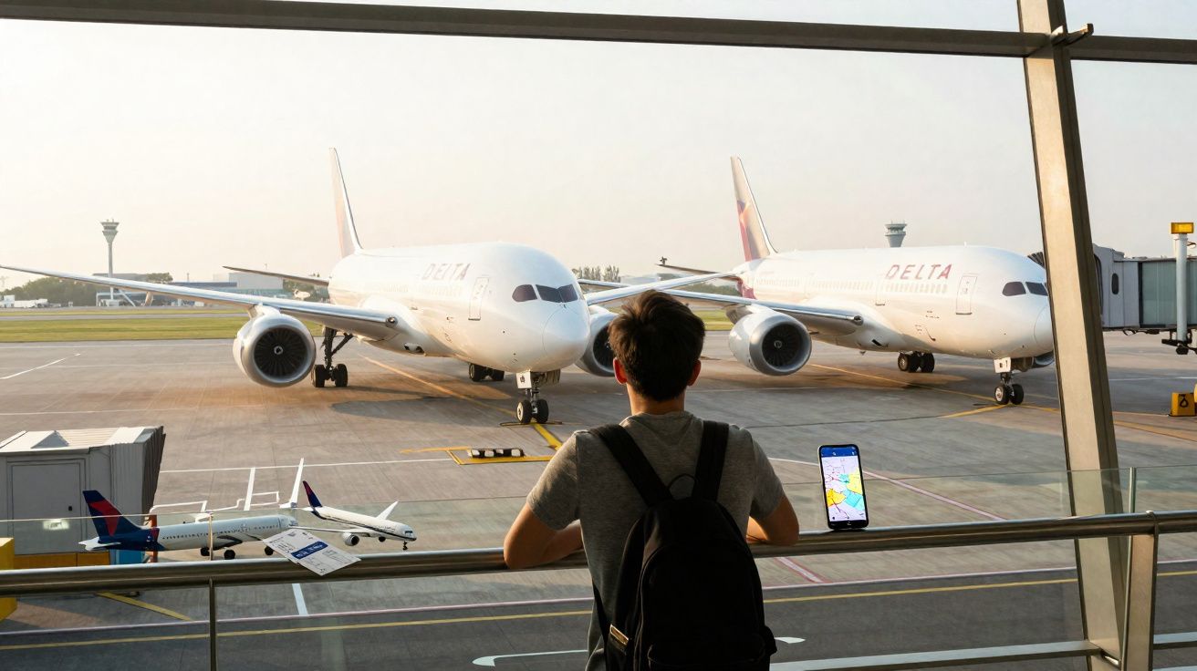Pessoa com mochila observa dois aviões da Delta no aeroporto ao entardecer.