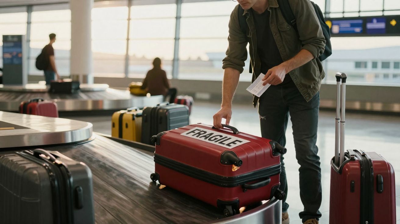 Homem a apanhar uma mala vermelha com etiqueta "FRAGILE" na esteira de bagagens num aeroporto.