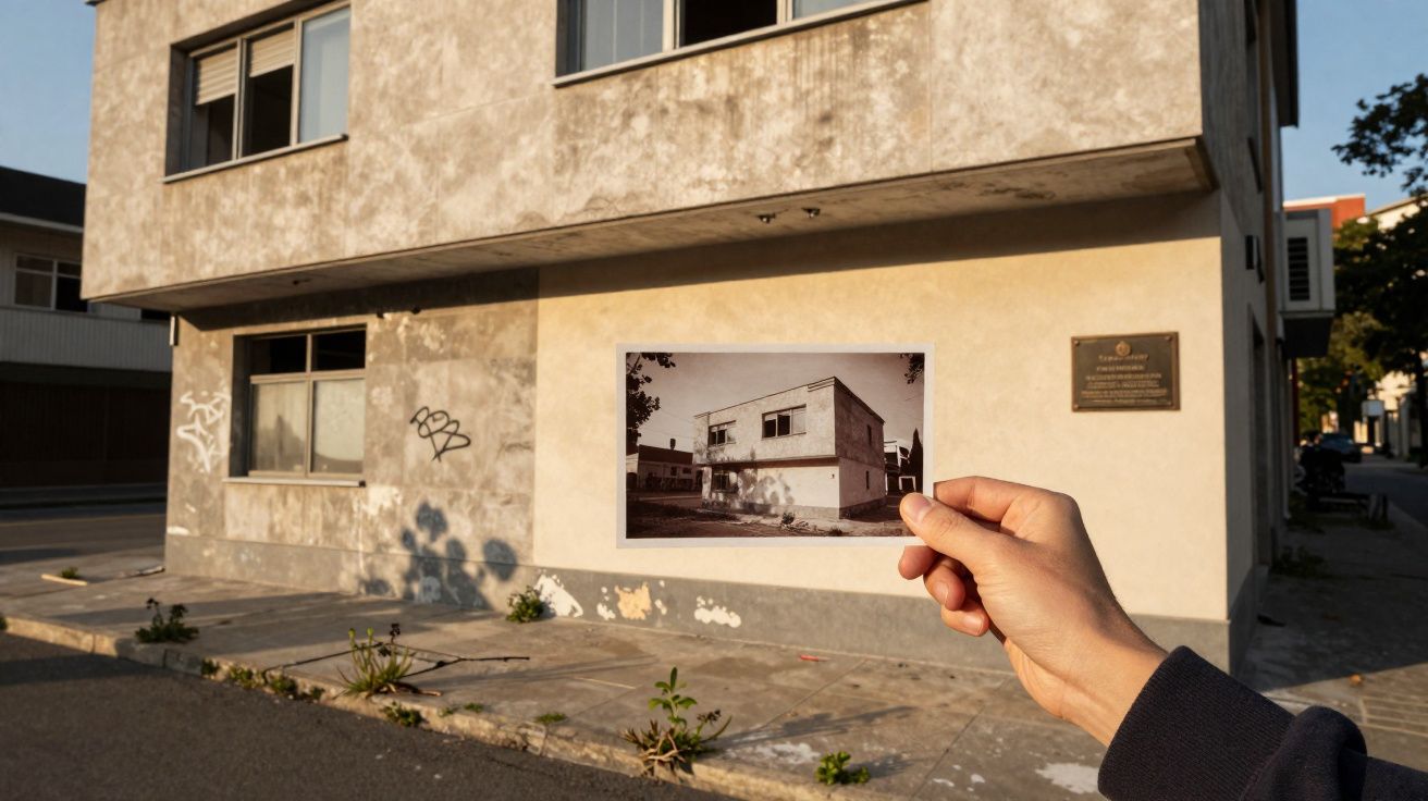 Fotografia a cores mostra mão segurando foto antiga de prédio diante do mesmo prédio com desgaste e graffiti.