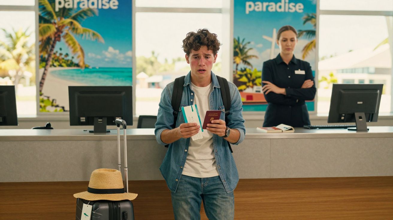 Jovem com mochila, passaporte e bilhete de avião na mão, em balcão de aeroporto, com funcionária ao fundo.