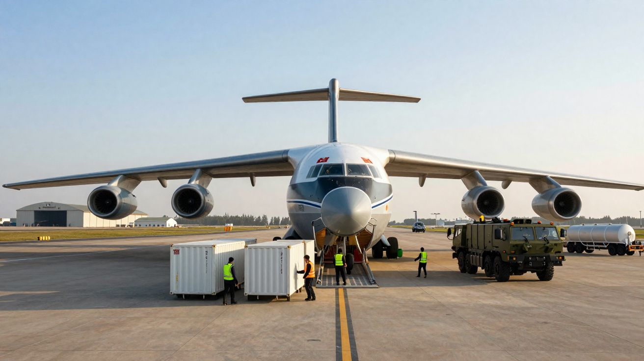 Avião militar de grande porte estacionado com pessoal a carregar contentores no aeroporto.