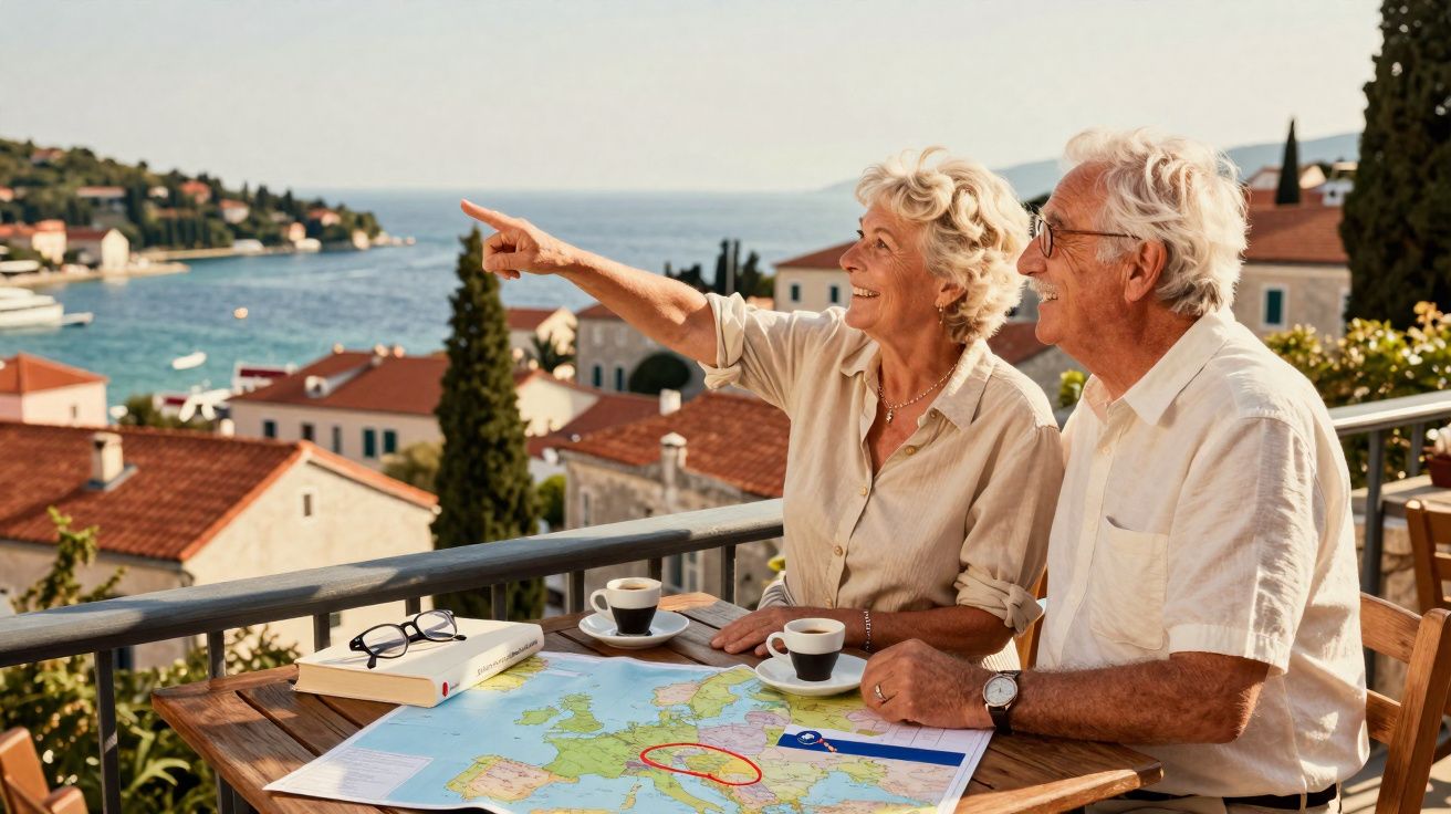 Casal sénior sentado numa varanda com mapa, café e vista para o mar e casas com telhados vermelhos.