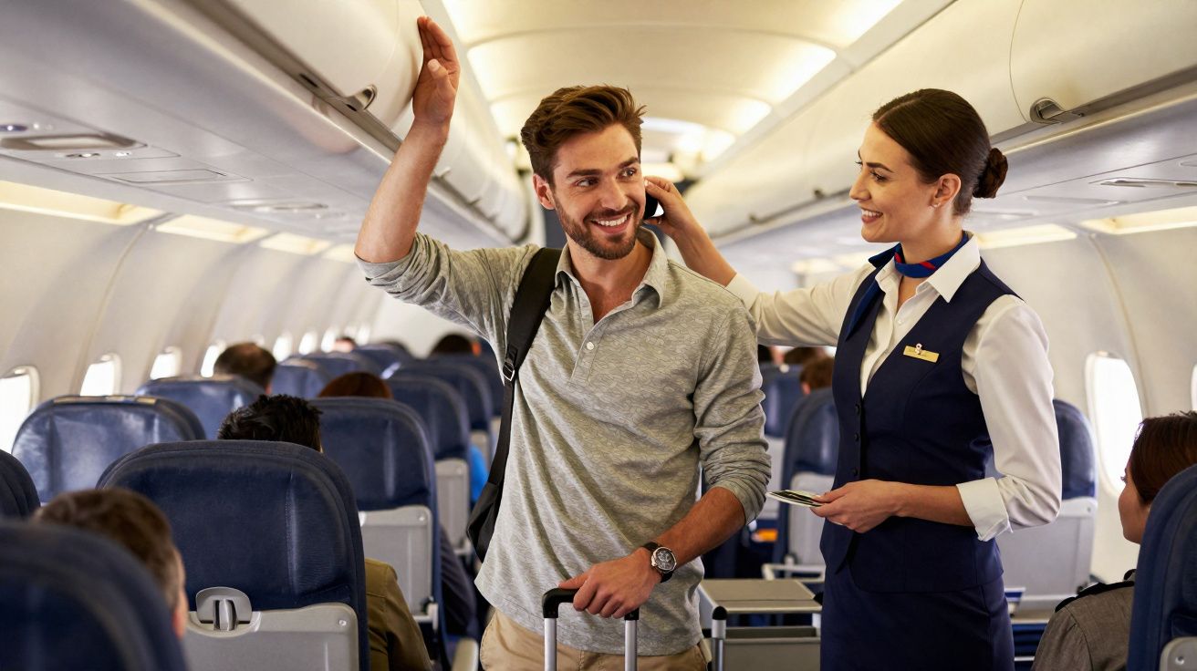 Passageiro sorridente com bagagem e comissária de bordo numa conversa amigável dentro do avião.