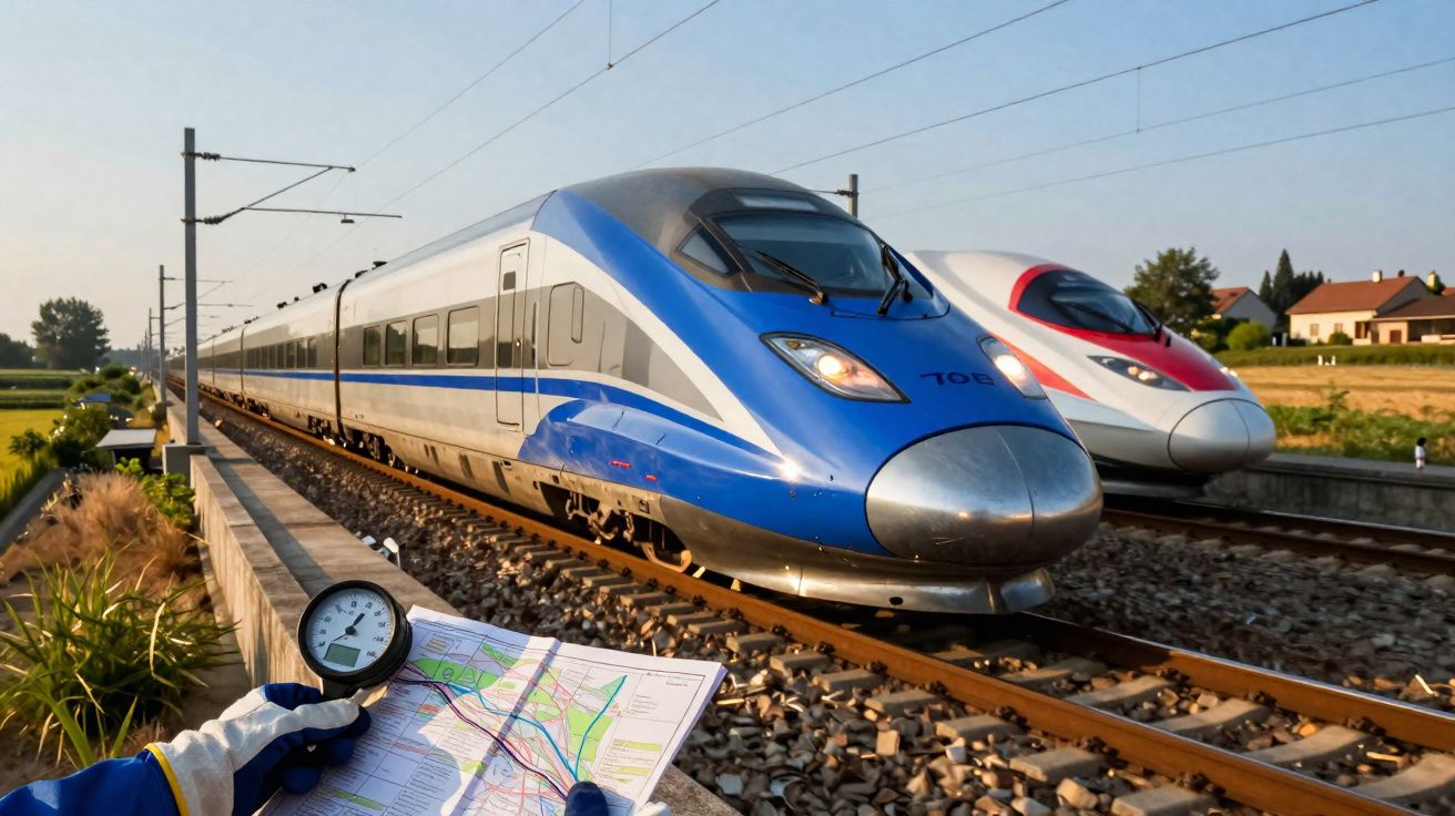 Dois comboios de alta velocidade em vias paralelas perto de um técnico a consultar um mapa.