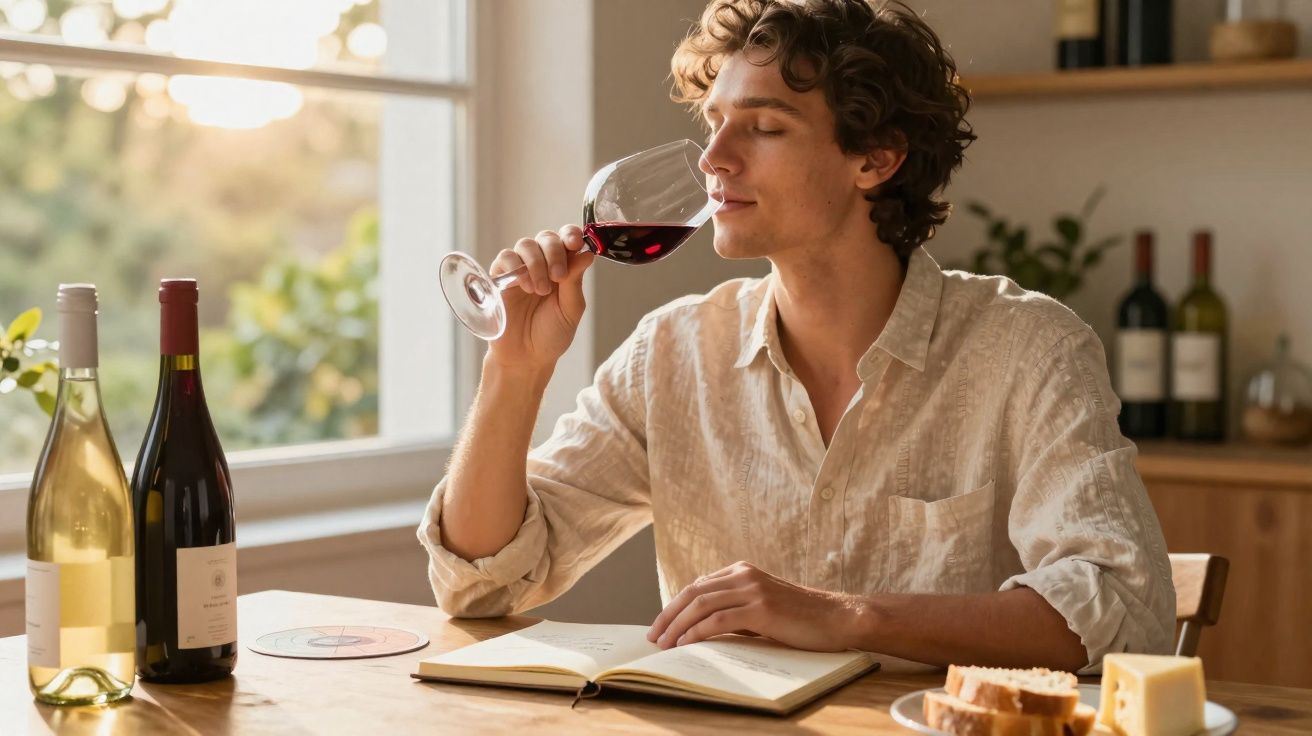 Homem a cheirar vinho tinto numa taça sentado numa mesa com garrafas, livro, pão e queijo.
