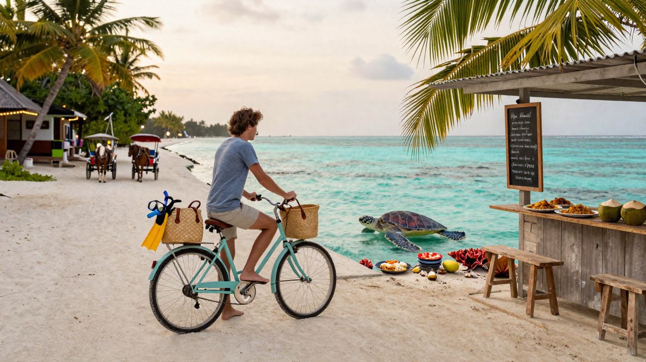 Garoto de bicicleta observa tartaruga marinha junto a barra de praia com frutas e cocos na areia branca.