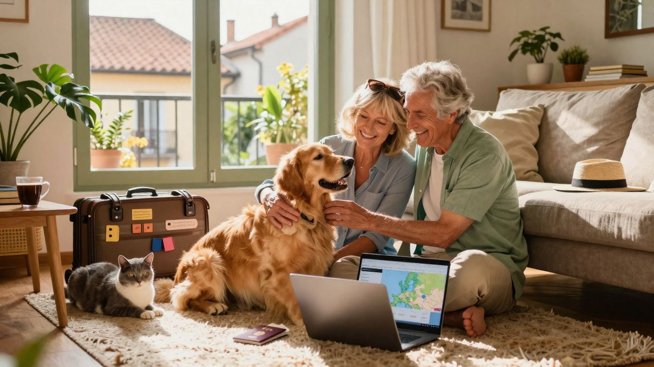Casal sénior sentado no chão a fazer planos de viagem com cão, gato, laptop e mala junto à janela.