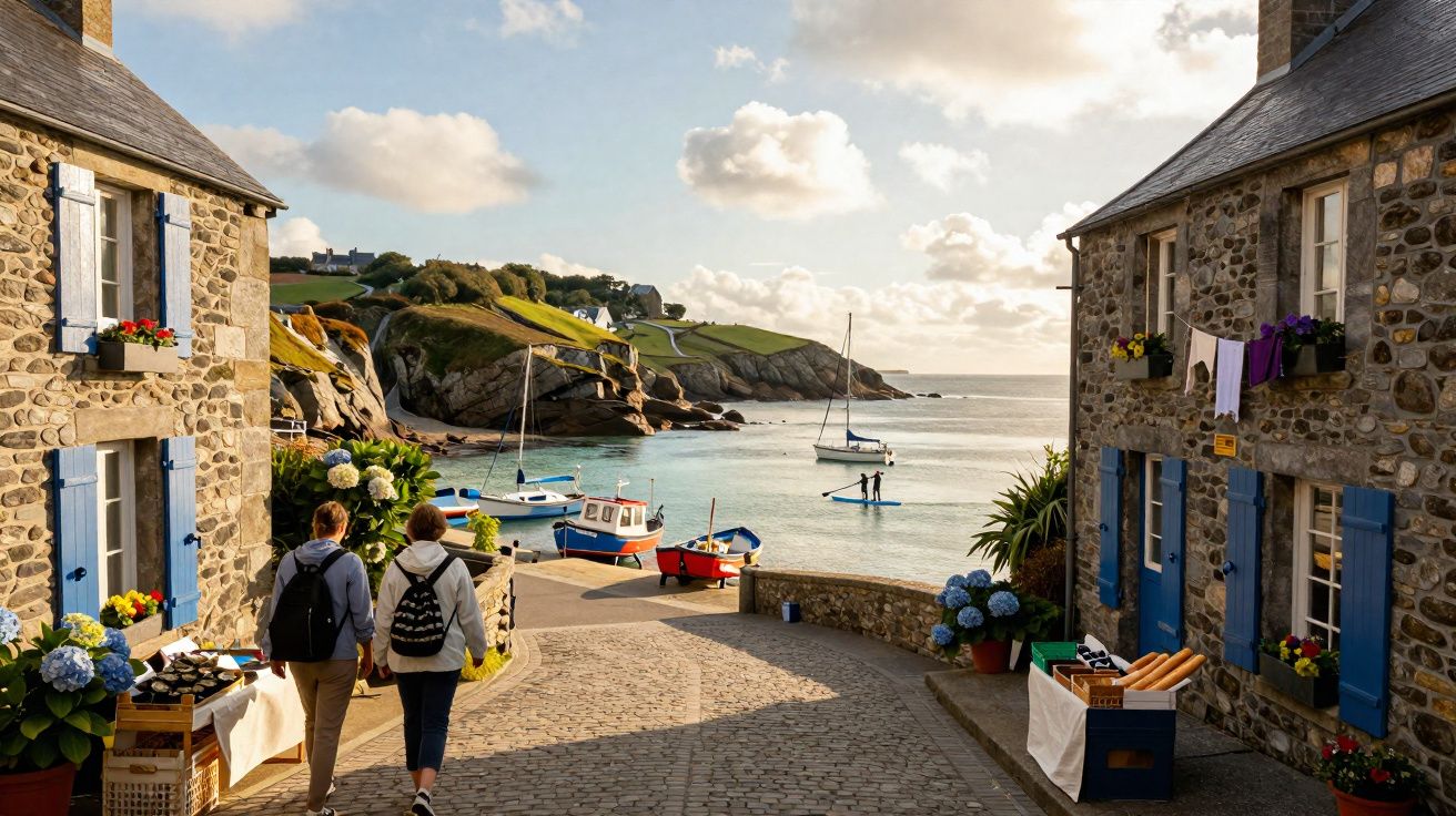 Rua de pedra com casas de pedra e persianas azuis perto de um porto com barcos e mar calmo ao pôr do sol.