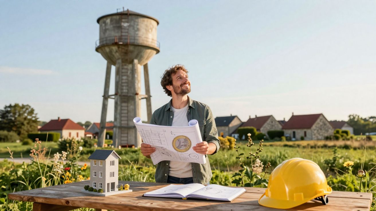 Engenheiro civil com plantas na mão, capacete no banco e torre de água ao fundo numa paisagem rural.