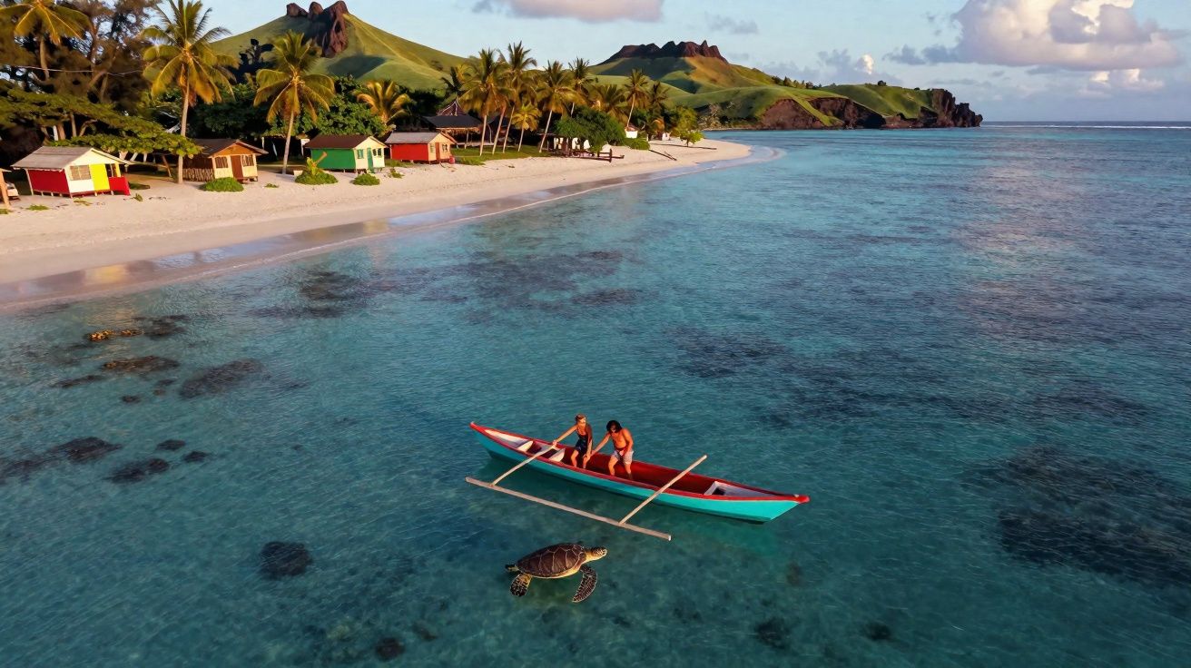 Praia com águas cristalinas, duas pessoas numa canoa e uma tartaruga marinha a nadar.