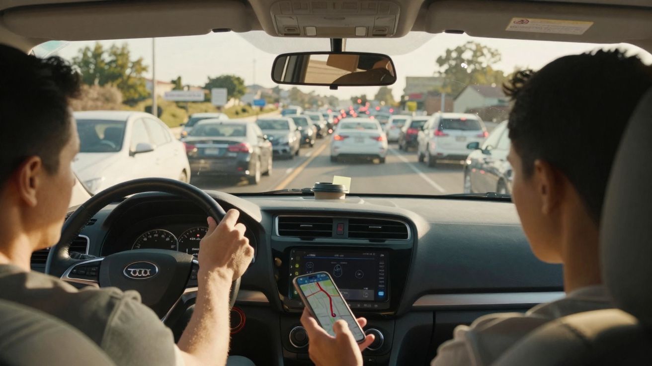 Dois homens no interior de um carro com trânsito intenso à frente numa estrada urbana.