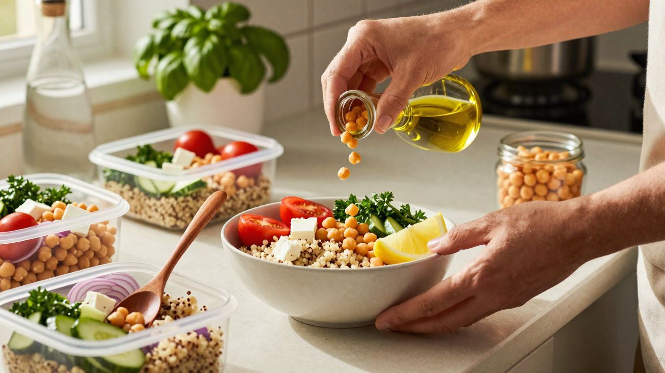 Pessoa a temperar uma salada saudável com grão-de-bico, quinoa, tomate, pepino e queijo num tacho.