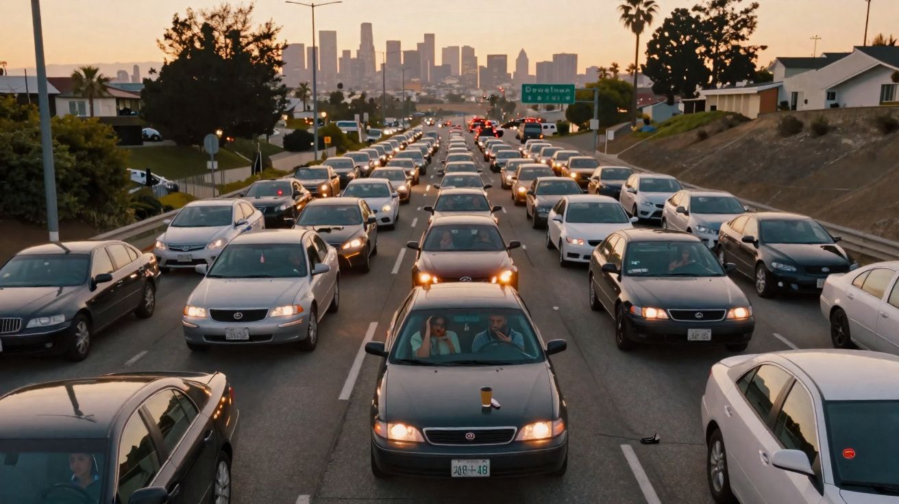 Trânsito intenso numa autoestrada com vários carros numa cidade ao pôr do sol e arranha-céus ao fundo.