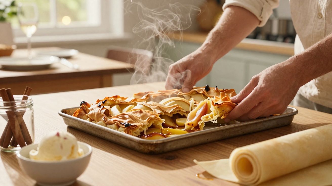 Mão a retirar pedaço de tarte quente com cobertura dourada num tabuleiro de metal sobre mesa de madeira.