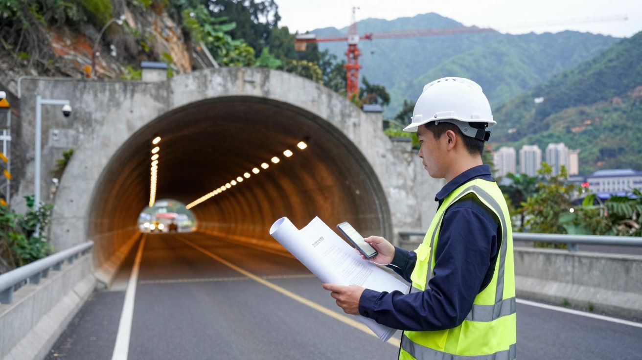 Engenheiro com capacete e colete refletor em frente a túnel rodoviário, segurando planta e telemóvel.