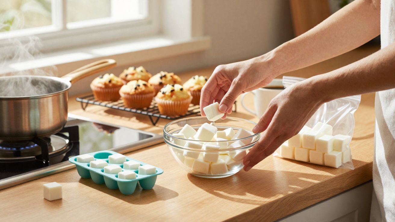 Mãos a colocar cubos de geladeira num recipiente de vidro numa cozinha com muffins e fogão ao fundo.