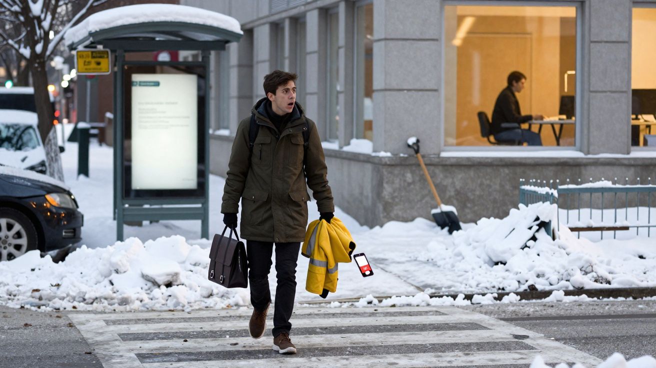 Homem com casaco verde cruza passadeira numa cidade nevada, segurando um casaco amarelo e uma pasta.