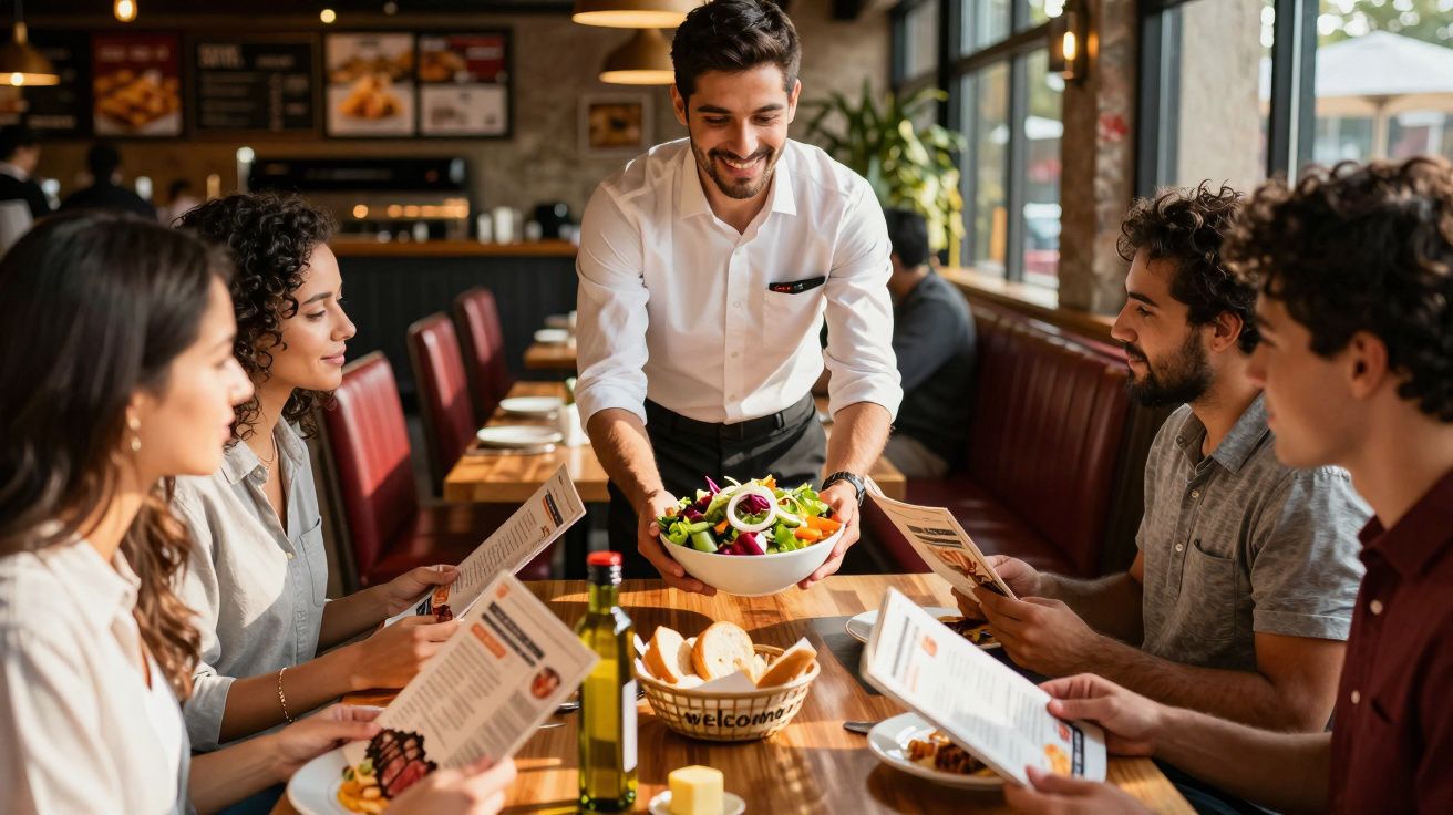 Empregado serve salada a grupo de quatro pessoas sentadas numa mesa de restaurante enquanto consultam o menu.