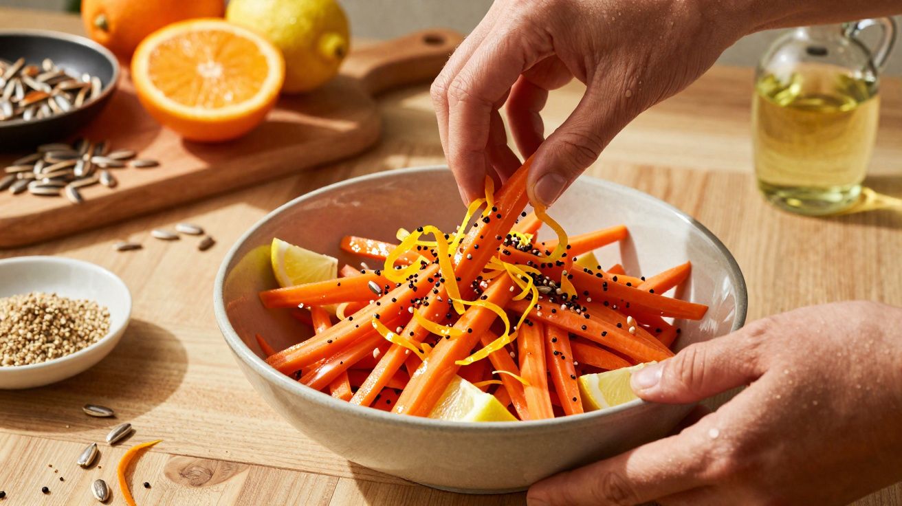 Mãos a preparar salada de cenoura com sementes, raspas de laranja e limão em tigela sobre mesa de madeira.