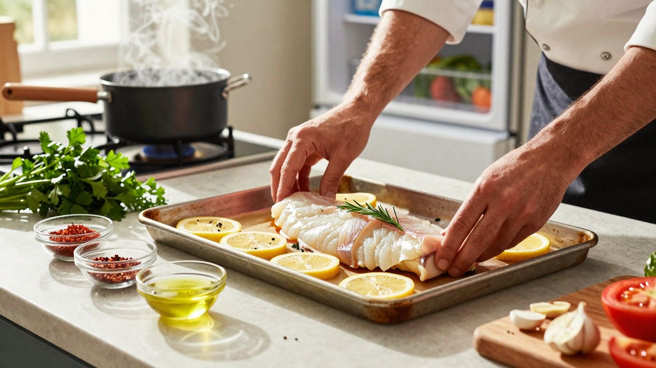 Chef a preparar peixe com rodelas de limão numa tabuleiro, ao lado de ervas e especiarias na cozinha.