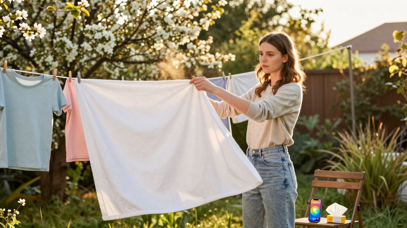 Mulher a estender roupa branca num estendal no jardim em dia de sol com árvores floridas.