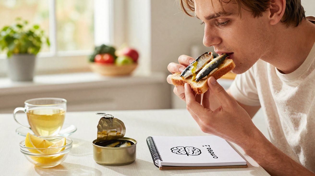 Jovem a comer tosta com sardinhas em conserva à mesa com chá, limão e caderno à frente.