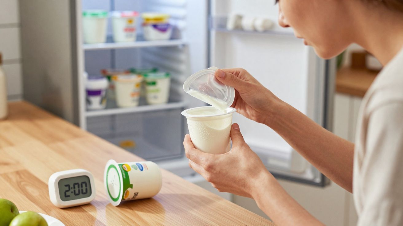 Pessoa a abrir iogurte à frente de frigorífico aberto numa cozinha com temporizador a marcar 2:00.