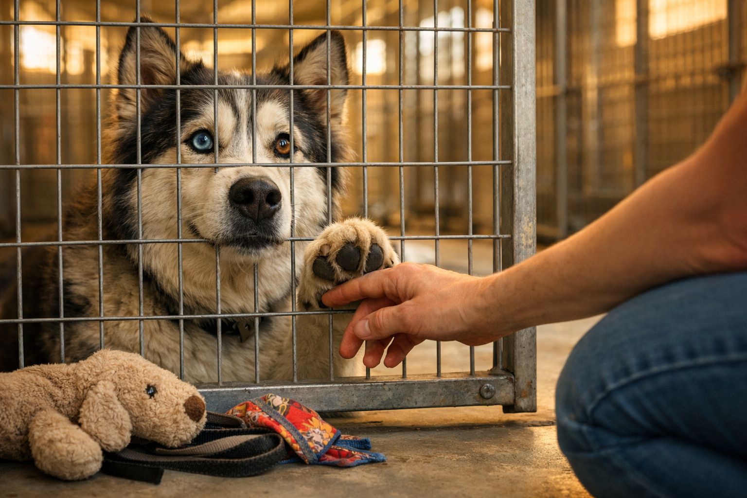 Cão com olhos de cores diferentes numa jaula, tocando a pata na mão de uma pessoa.
