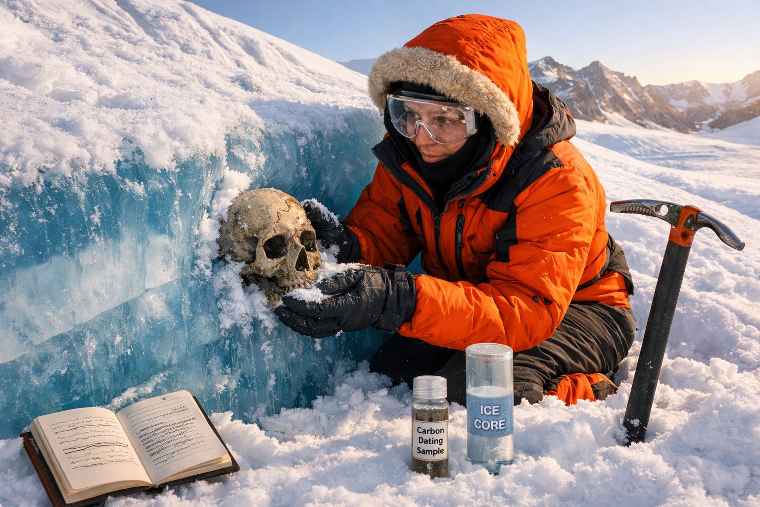 Investigador em roupa de frio segura um crânio encontrado em gelo azul com montanhas ao fundo.