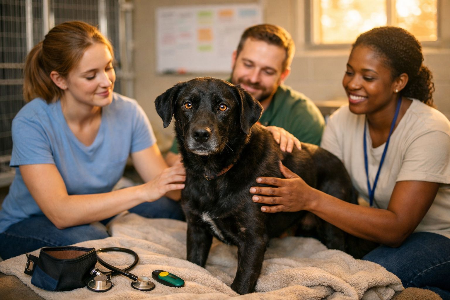Três pessoas acariciam um cão preto num ambiente acolhedor, com um estetoscópio e objetos no chão.