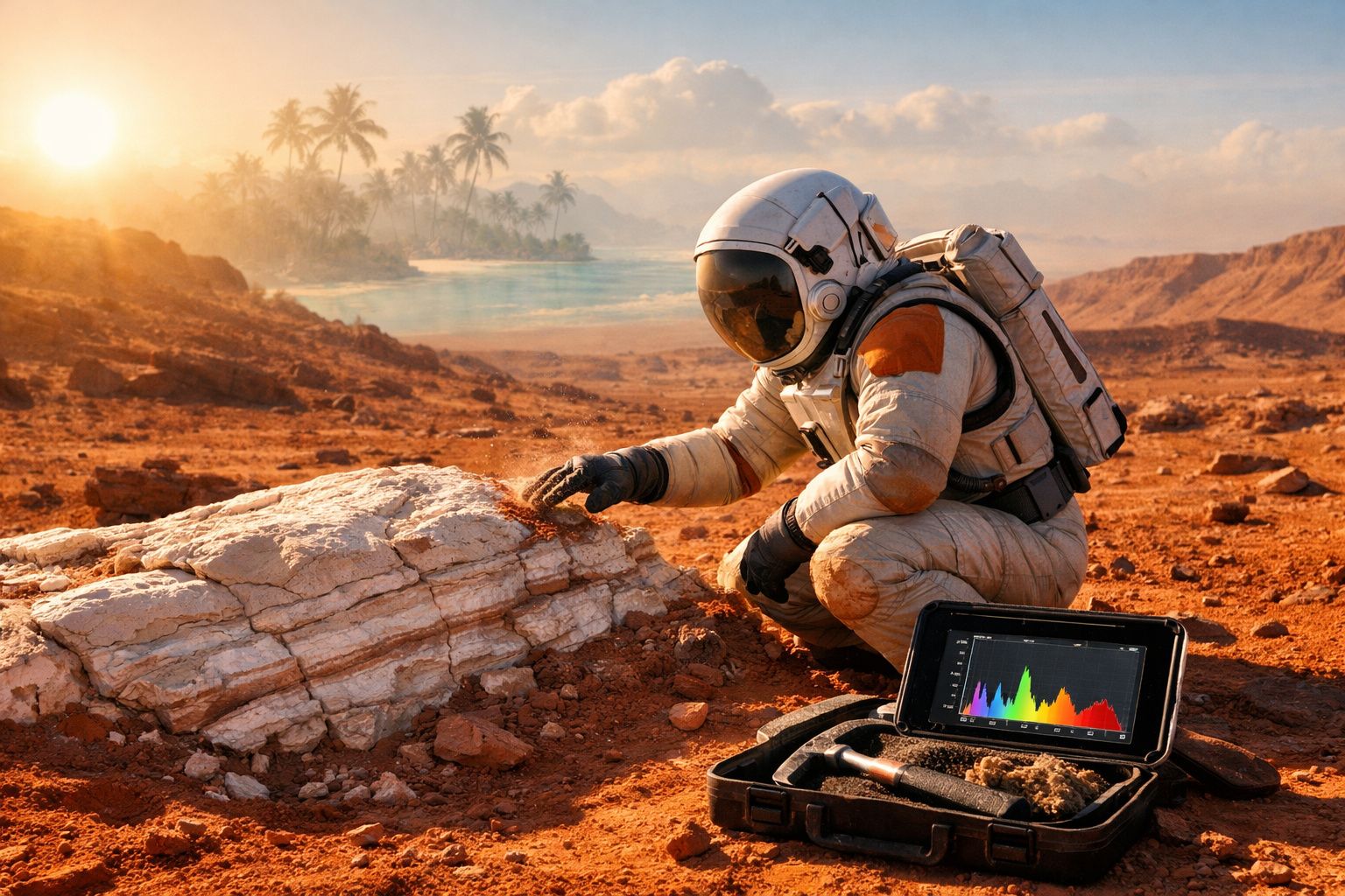 Astronauta examina rocha num terreno árido com palmeiras e água ao fundo ao pôr do sol.