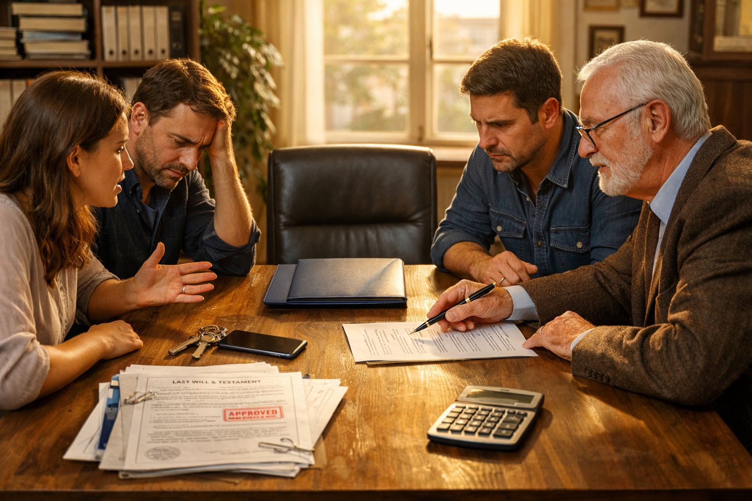 Quatro pessoas à mesa a discutir documentos legais, incluindo um testamento aprovado, com uma calculadora visível.
