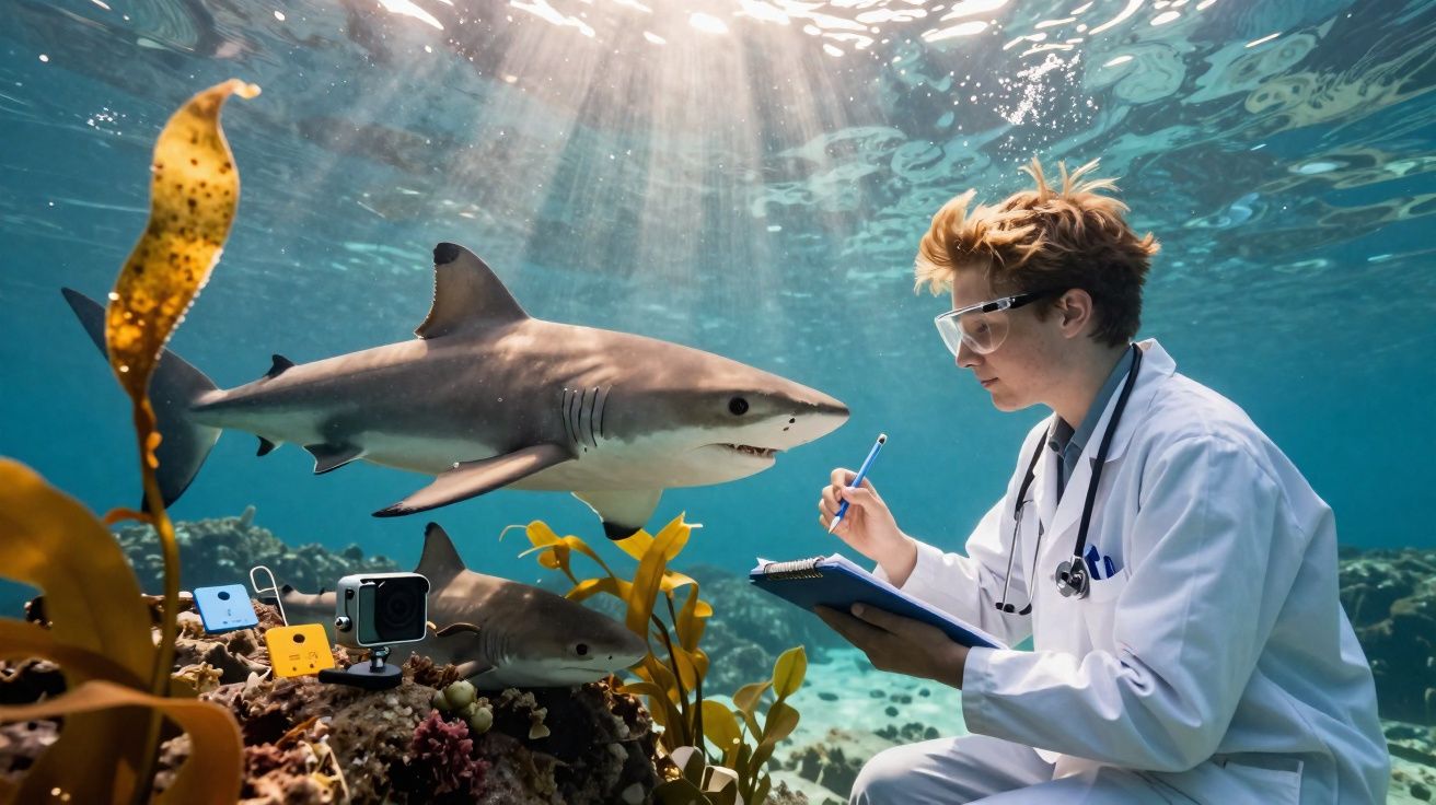 Cientista submerso escreve notas enquanto observa dois tubarões a nadar perto de recife marinho.