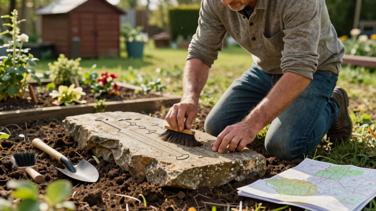 Homem limpa lápide com escova em cemitério, ao lado de pá, pincel e mapa aberto no chão.