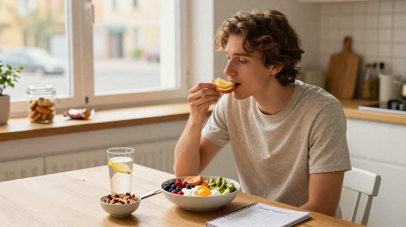 Jovem a comer torrada com sumo de limão, frutas e ovos ao pequeno-almoço numa cozinha luminosa.