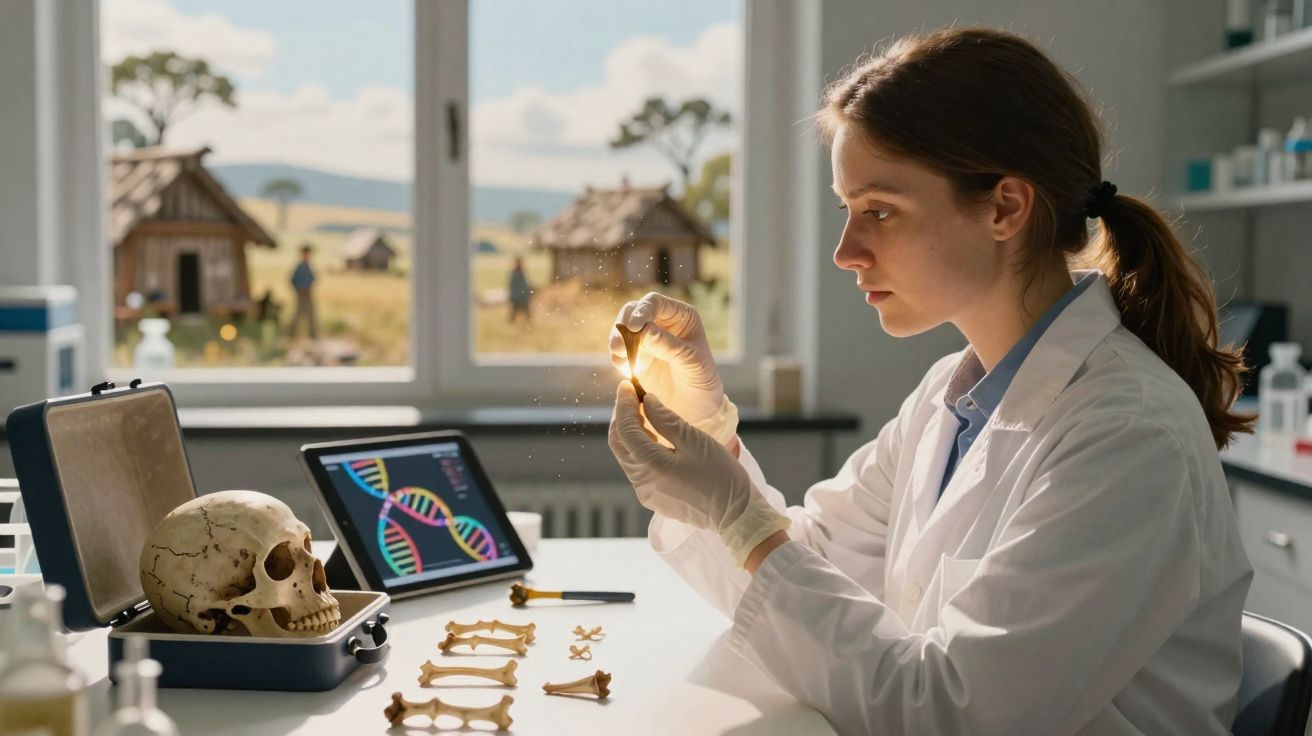 Jovem cientista em laboratório analisa ossos com crânio e ecrã de DNA ao fundo.