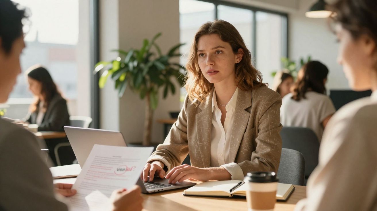 Mulher de cabelo ondulado castanho claro a trabalhar num portátil numa reunião num escritório moderno.