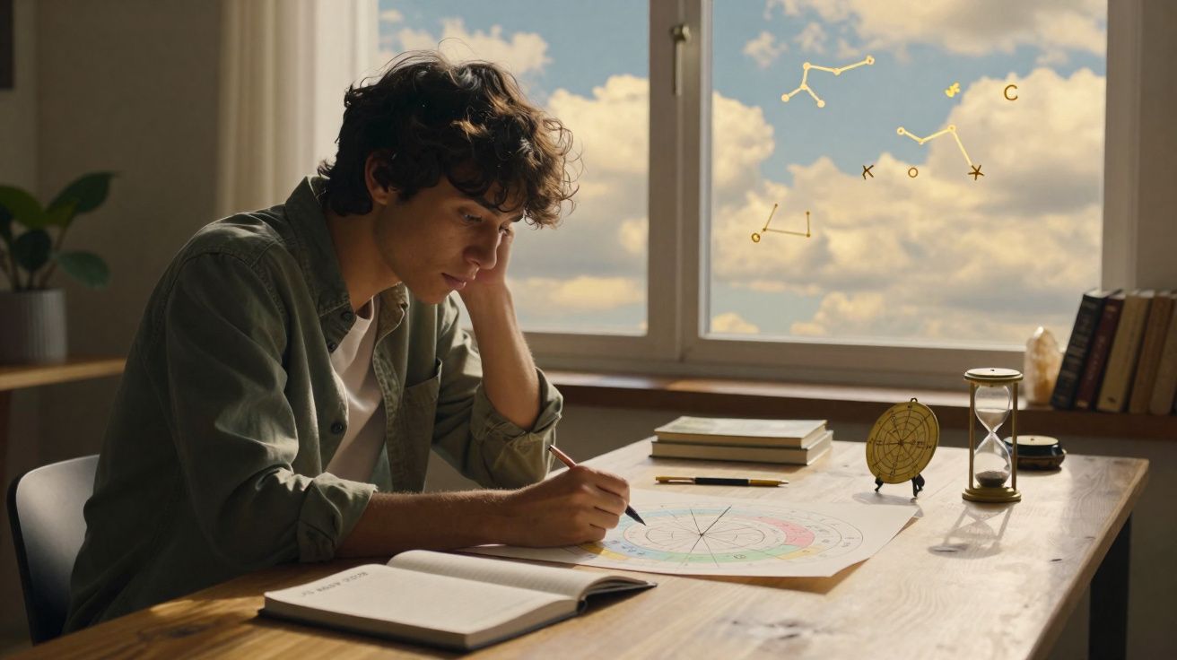 Jovem a desenhar mapa astral numa mesa com livros, ampulheta e constelações desenhadas na janela.