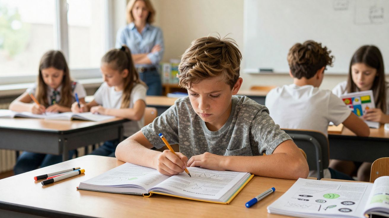 Aluno concentrado a escrever num caderno numa sala de aula, com colegas e professora ao fundo.