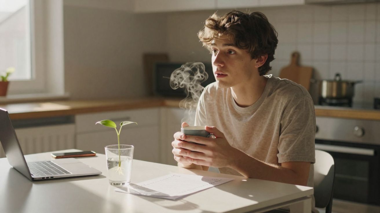 Jovem sentado na cozinha a segurar uma caneca, com um laptop, planta e papéis sobre a mesa.