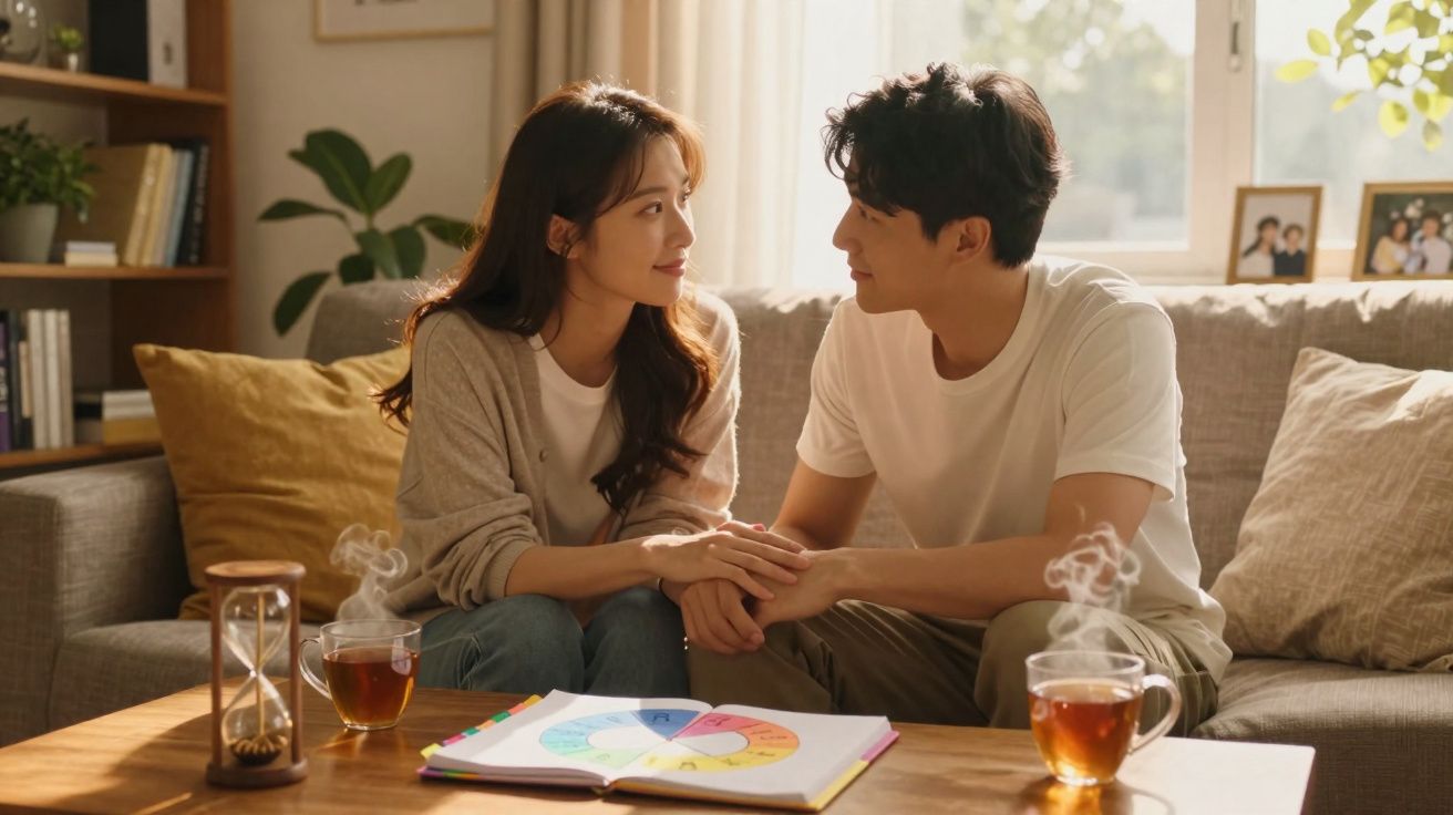 Casal sentado no sofá de casa, sorrindo e de mãos dadas com chá a sair vapor na mesa à frente.