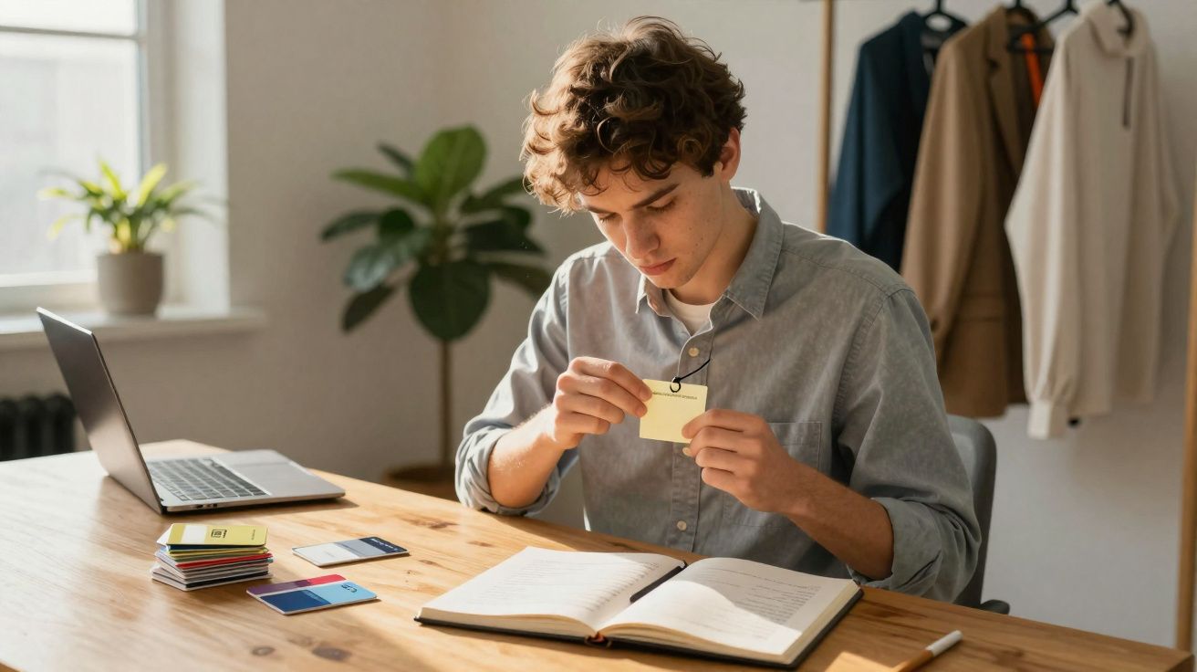 Jovem a estudar com notas adesivas numa mesa, laptop aberto e livros num ambiente iluminado por luz natural.
