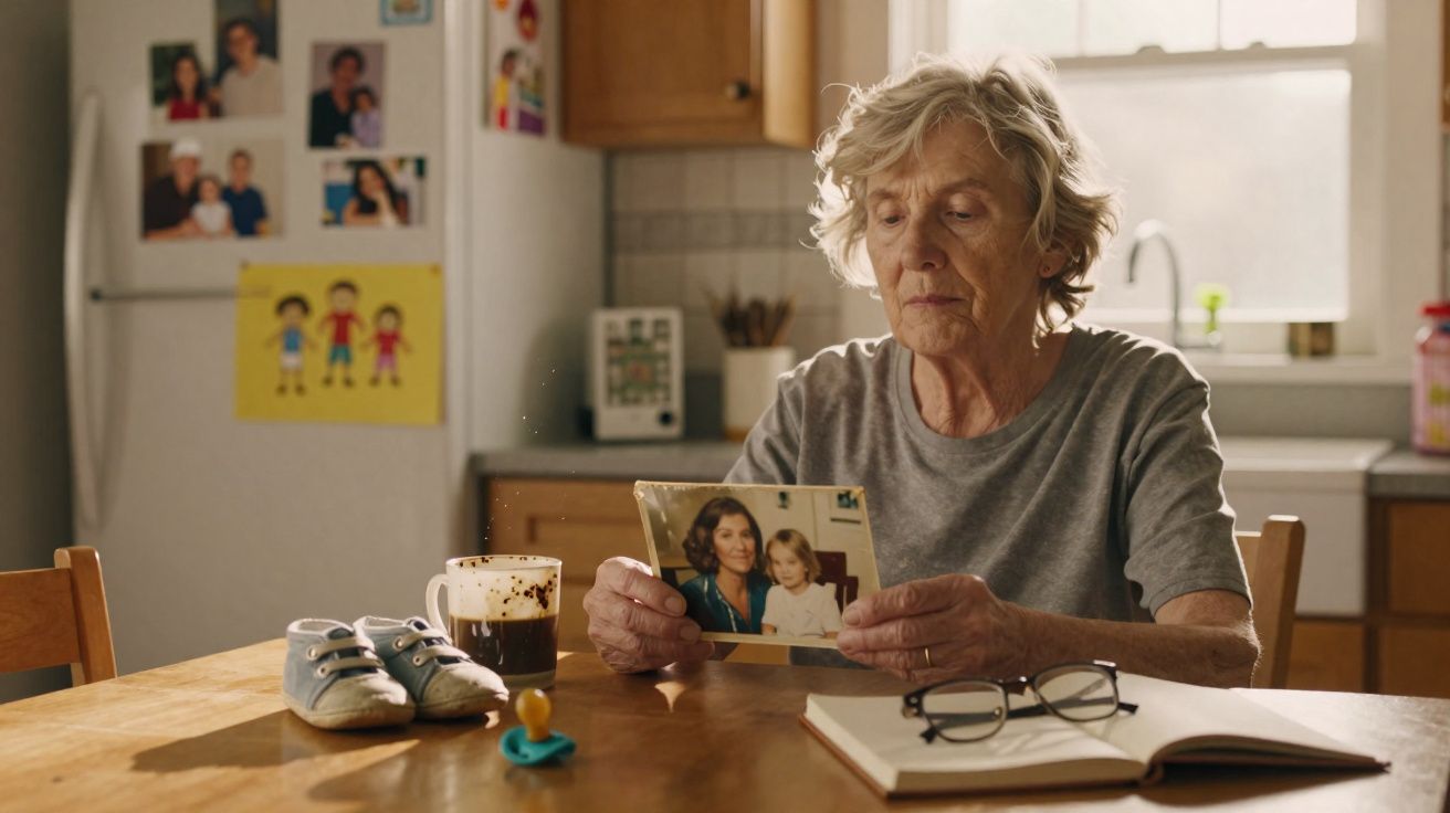 Idosa sentada à mesa de cozinha a olhar uma fotografia antiga, com sapatinhos de bebé, chupeta e café à sua frente.