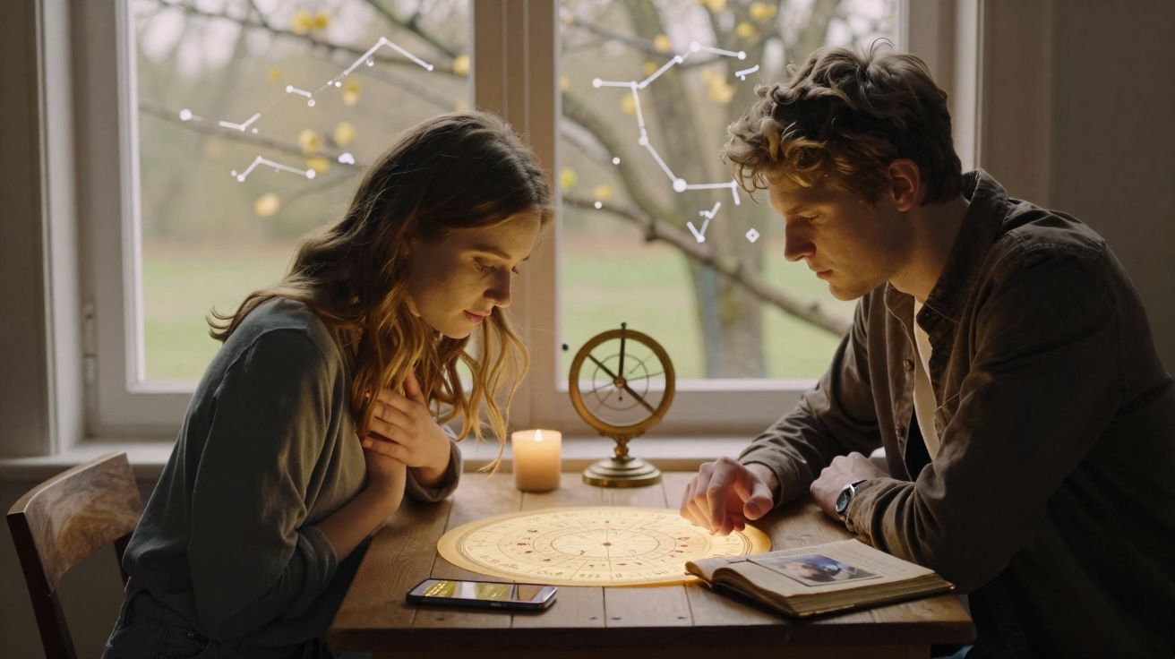 Casal sentado à mesa com mapa astral, livro e vela, numa sala com janela e constelações visíveis.